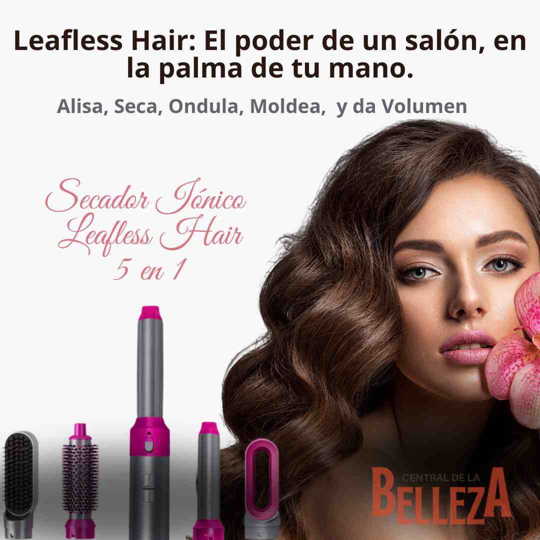 Secador Iónico Leafless Hair - Cepillo 5 en 1 (Seca, Alisa, Riza, Moldea y Ondula)